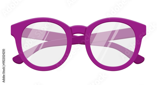 A pair of purple glasses with reflective lenses is viewed from the front against a clean background in a digital illustration.