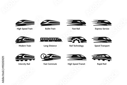 High speed train icons set - modern rail and transit technologies