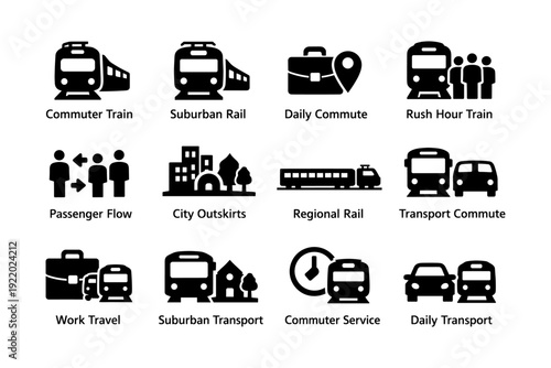 Commuter train and transport icons: suburban rail and city travel symbols