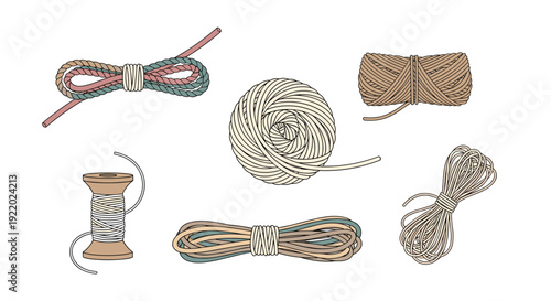 A varied collection of different colored strings, ropes, and twines is displayed in various forms, including spools and bundles, on a clean white background.