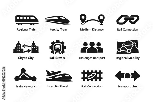 Train and rail icons: transport, mobility, connection, service, network