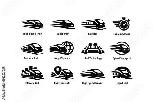 High speed train icon set illustrating modern rail and express services