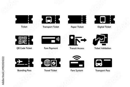 Transport and ticket icons: qr code, boarding pass, digital validation