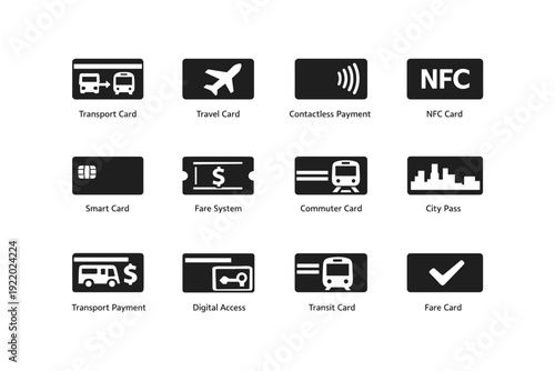 Public transport and payment icons set: cards, nfc, digital access, and city pass