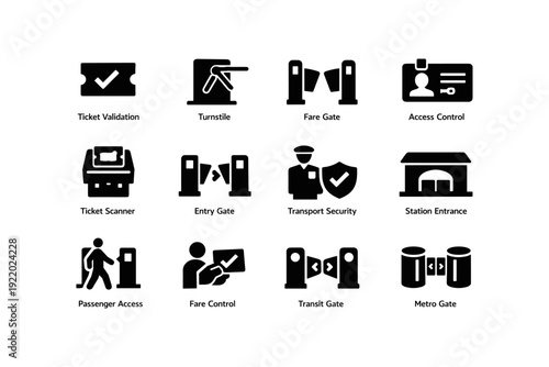 Public transport icons: ticketing, security, and access control symbols