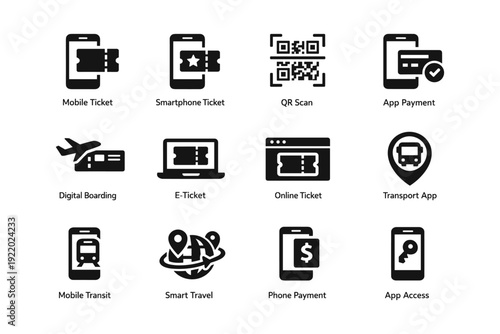 Mobile ticketing icons: digital boarding, qr scan, app payment, smart travel, online access