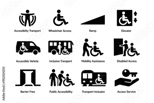 Accessibility transport icons: wheelchair access, ramp, elevator, mobility assistance, inclusive transport