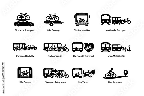 Multimodal transport icons: cycling, bus, train, eco travel integration