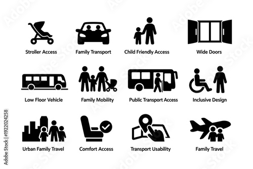 Inclusive transport icons: family, accessibility, urban travel design elements
