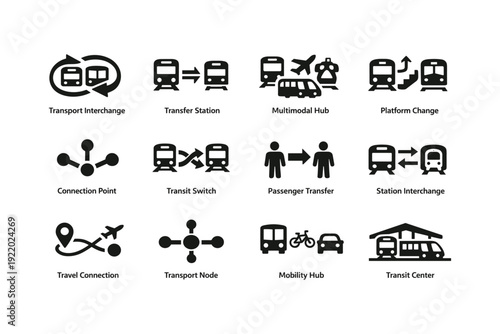 Transport interchange icons: multimodal hub and mobility solutions