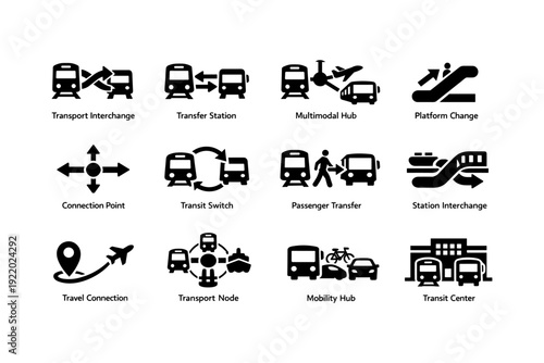 Transportation icons: interchange, hub, station, transfer, mobility