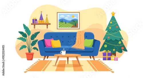 Cozy living room with Christmas tree, sofa, and decorations viewed from the front in a warm and inviting atmosphere.