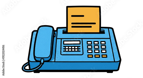 A blue fax machine printing a document on a plain white background viewed from the front