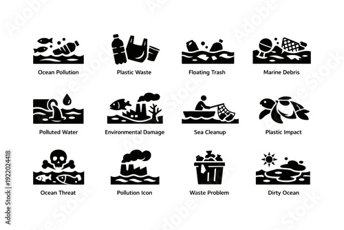 Illustrated icons depicting ocean pollution and environmental impact