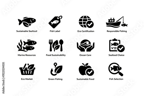 Sustainable seafood icons: eco certification, responsible fishing, food sustainability