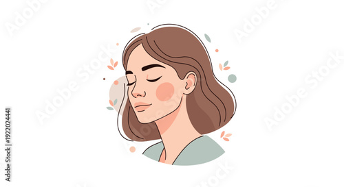 A flat style illustration shows the upper body of a serene woman with closed eyes, short brown hair, and subtle decorative leaf elements on a white background.