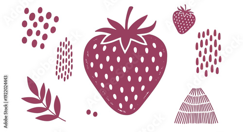 Strawberry elements arranged around a central strawberry illustration in a flat design style