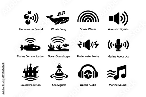 Icons illustrating underwater sound and ocean acoustics concepts