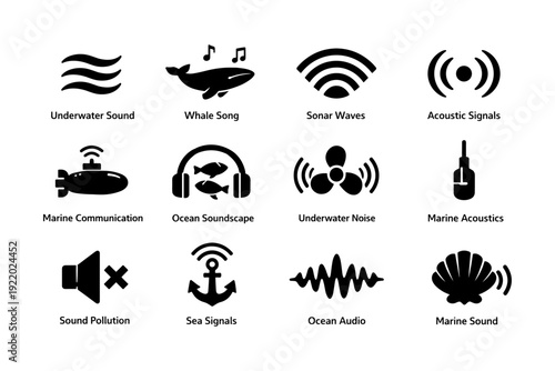 Underwater sound icons: whale, sonar, marine acoustics, pollution, sea signals