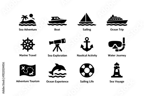 Nautical adventure icons: boat, sailing, ocean trip, marine travel, exploration