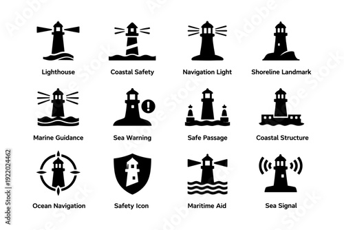 Set of lighthouse icons for navigation and safety at sea