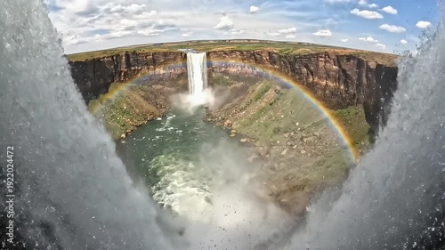 Waterfall Landscape with Rainbow and Mist.