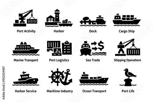 Maritime industry icons: port activities, cargo ships, and ocean transport symbols