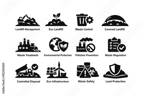 Icon set representing waste management and environmental protection