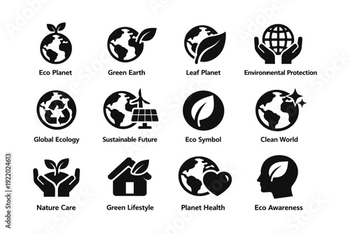 Eco symbols and icons: green earth, sustainable future, environmental protection