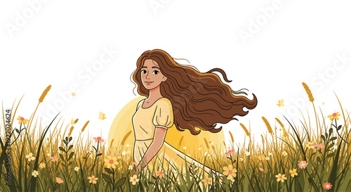 A young woman with long wavy brown hair wearing a yellow dress smiles in a vibrant green field with colorful wildflowers and delicate butterflies.