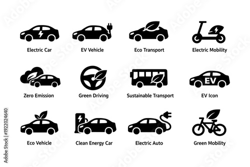 Eco-friendly transport icons: electric cars, bikes, green vehicles, sustainable mobility