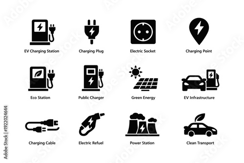 Electric vehicle charging icons collection: eco-friendly energy and infrastructure symbols