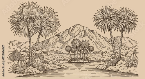 A serene landscape illustration featuring palm trees, mountains, and a river, viewed from a distance.