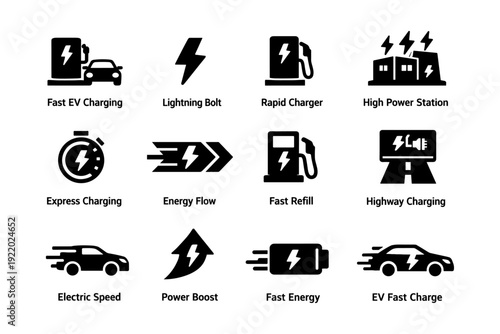 Electric vehicle charging symbols: speed, power, energy icons for ev infrastructure