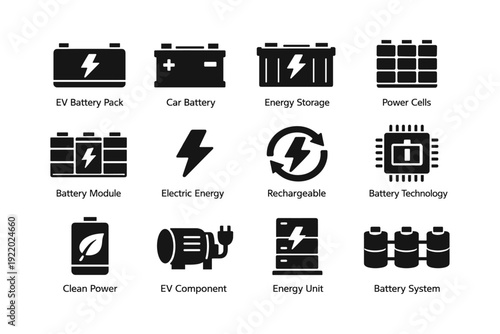 Electric vehicle battery icons: storage, rechargeable energy, power cells, technology