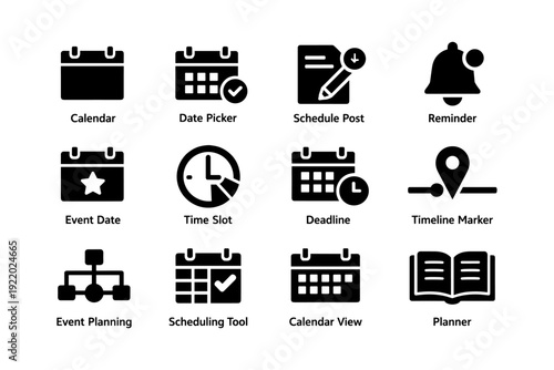 Calendar and scheduling icons: planner, reminder, deadline, event, timeline marker