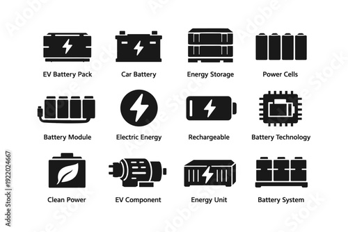 Energy storage icons featuring batteries and power cells for evs and clean energy solutions