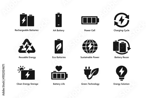 Icons of sustainable energy: batteries, charging, recycling, and green technology