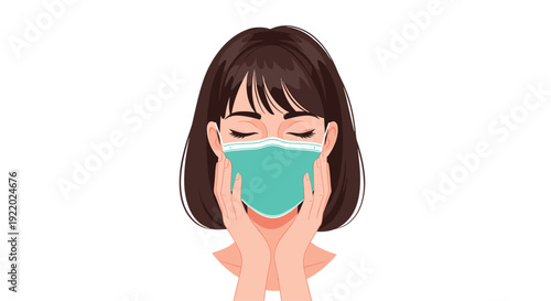 A young woman with short dark hair and bangs wearing a teal medical face mask, gently holding her cheeks with both hands against a plain white background.