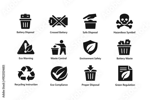 Battery and waste disposal safety symbols for eco-friendly practices