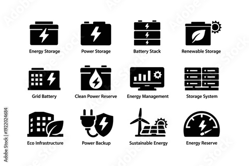 Energy storage icons set featuring batteries and renewable energy symbols