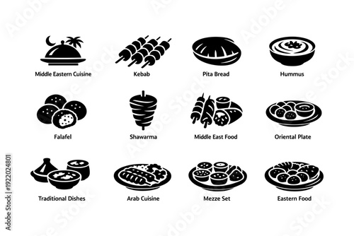 Middle eastern cuisine icons: kebab, pita, hummus, falafel, shawarma, mezze