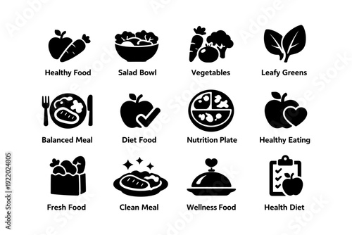 Icons of healthy food and nutrition featuring vegetables and balanced meals