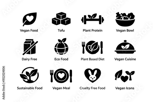 Vegan food icons: tofu, plant protein, dairy free, eco friendly, sustainable meals