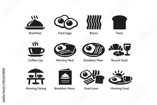 Breakfast icons set featuring eggs, bacon, toast, coffee, and dining symbols