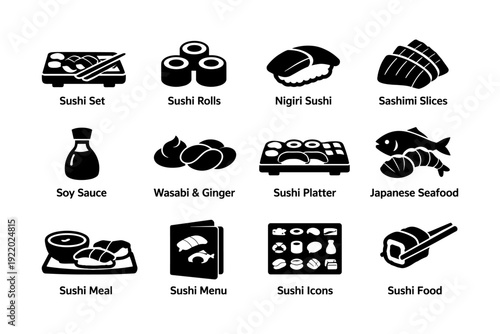 Sushi icons collection: rolls, nigiri, sashimi, and more