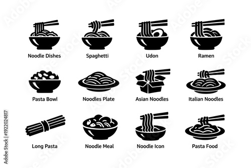 Icon set of various noodle dishes including ramen udon spaghetti and pasta bowls