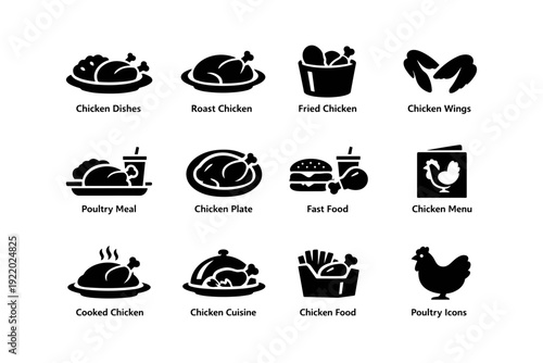 Chicken dishes icons: roast, fried, wings, fast food, poultry cuisine symbols