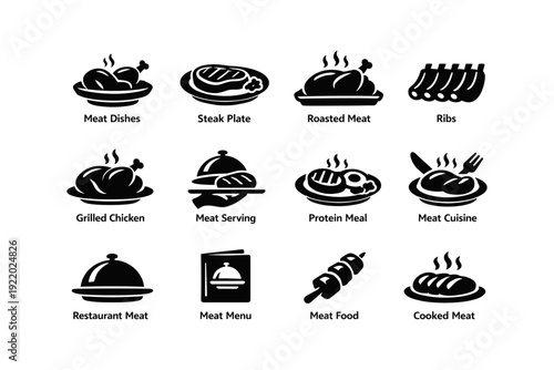 Icon set of meat dishes including steak, ribs, grilled chicken, and meat skewers