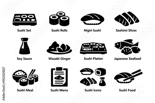 Japanese sushi icons: variety of sushi rolls, nigiri, sashimi, and more